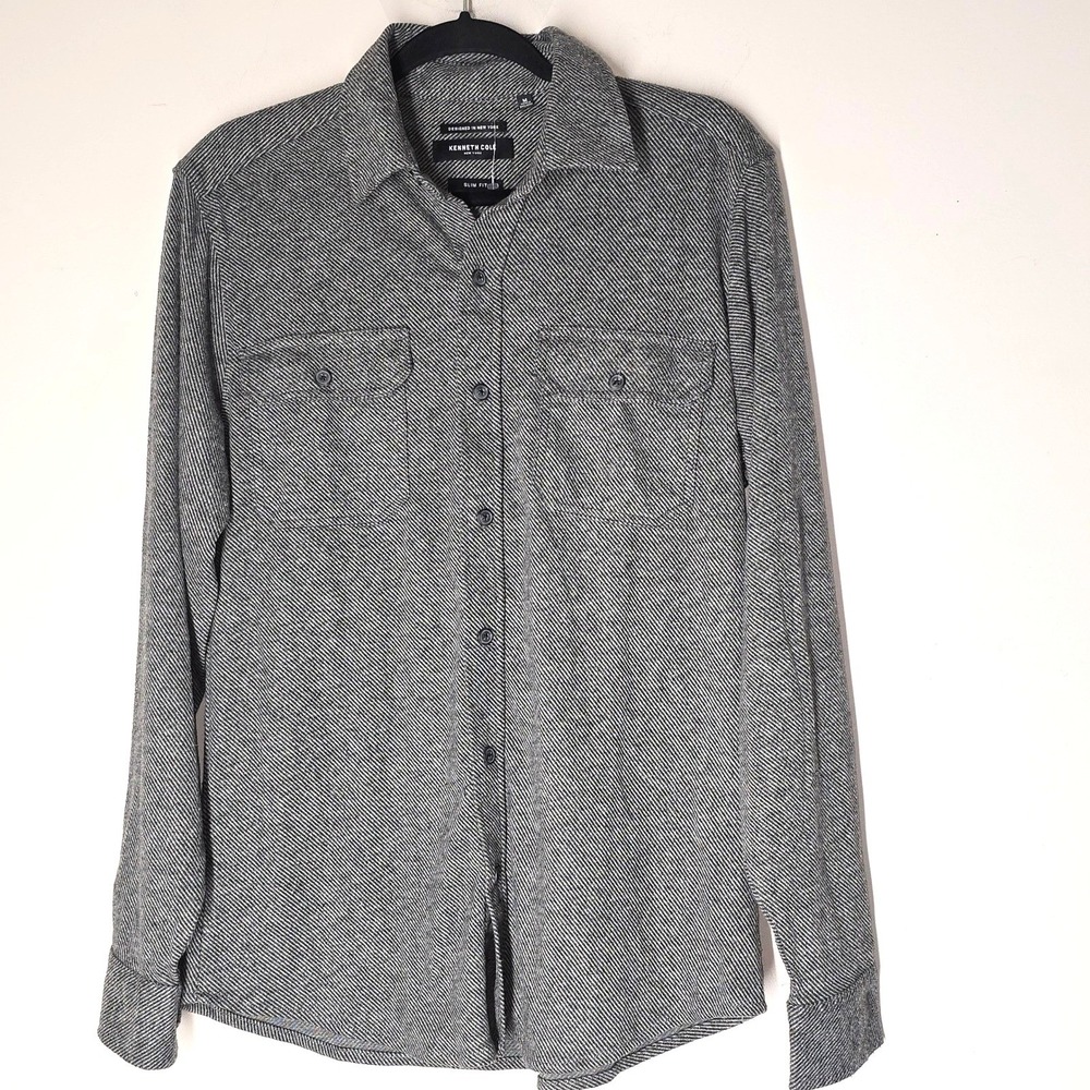 NWT Kenneth Cole Slim Fit Button‎ Down Shirt Gray Knit Mens Size M